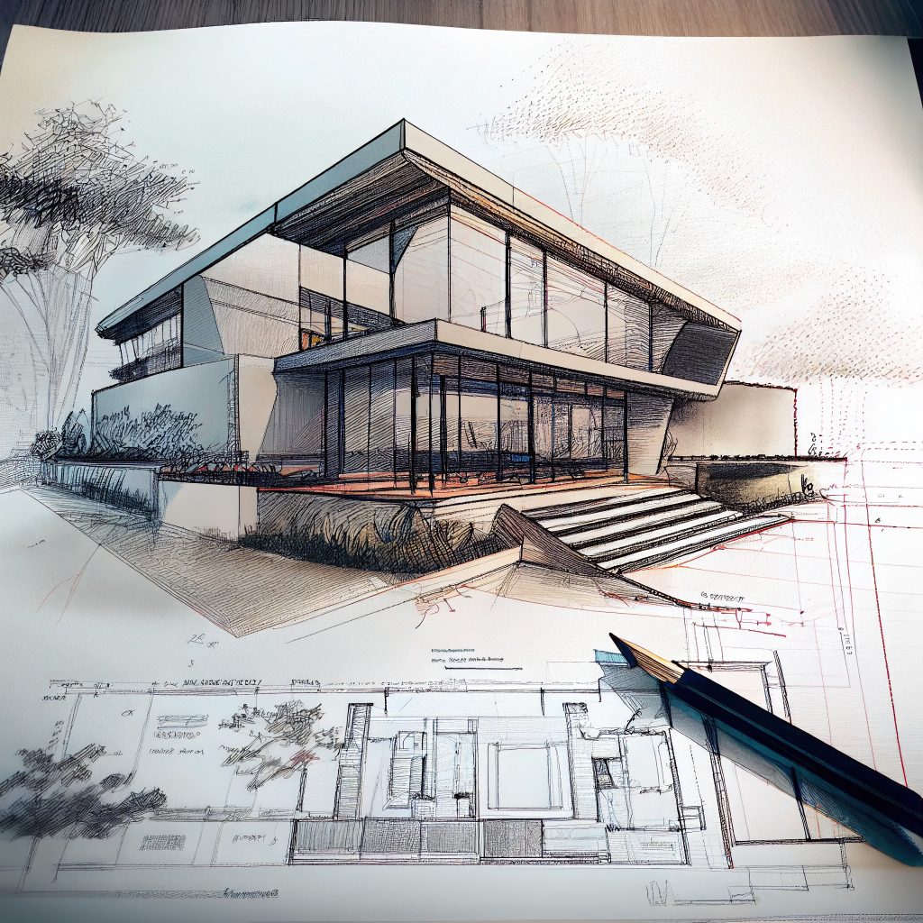 bocetos de casa moderna con planos IA